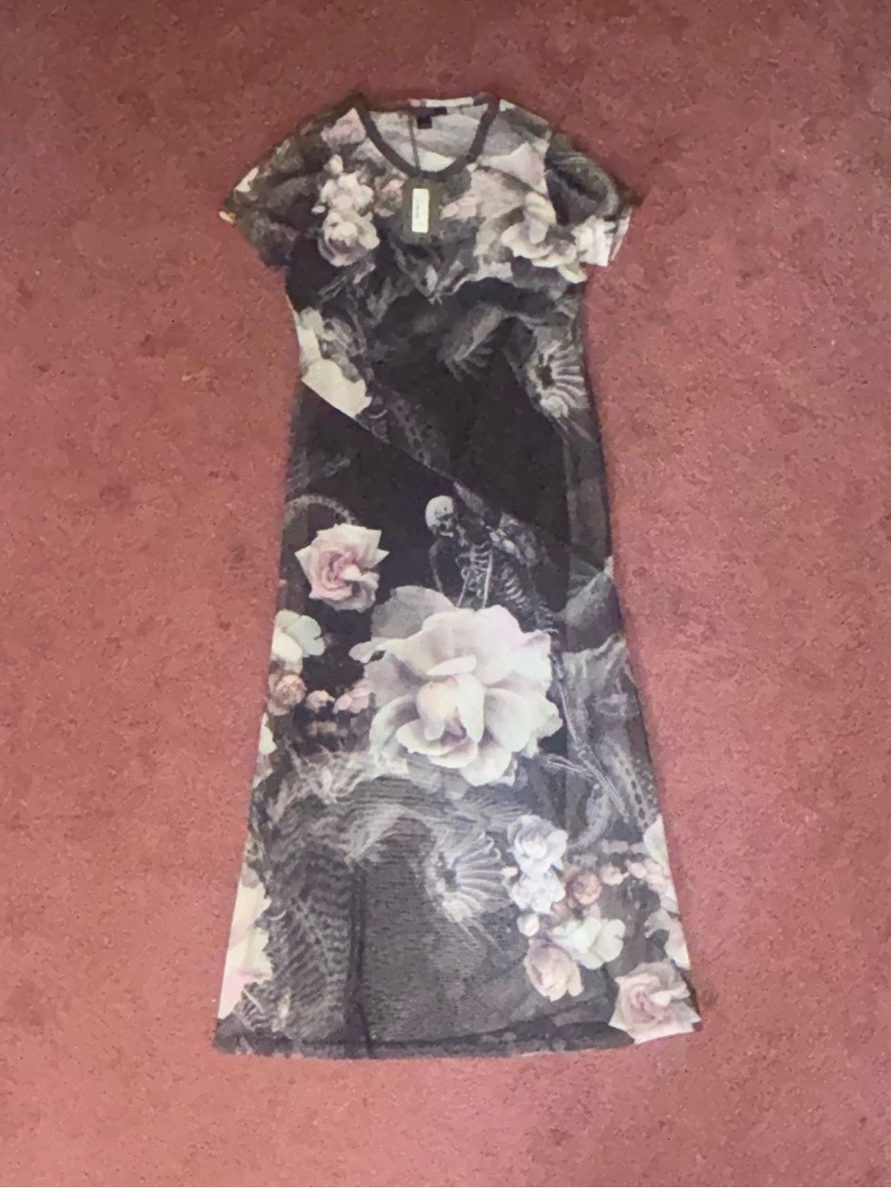 ALLSAINTS Black Floral & Skeleton Midi Dress with Sheer Overlay
